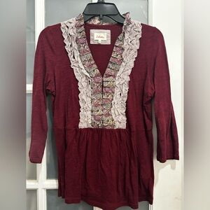 Anthropologie Deletta Burgundy Maroon Paisley Dot Ruffle V-Neck Top Size Medium